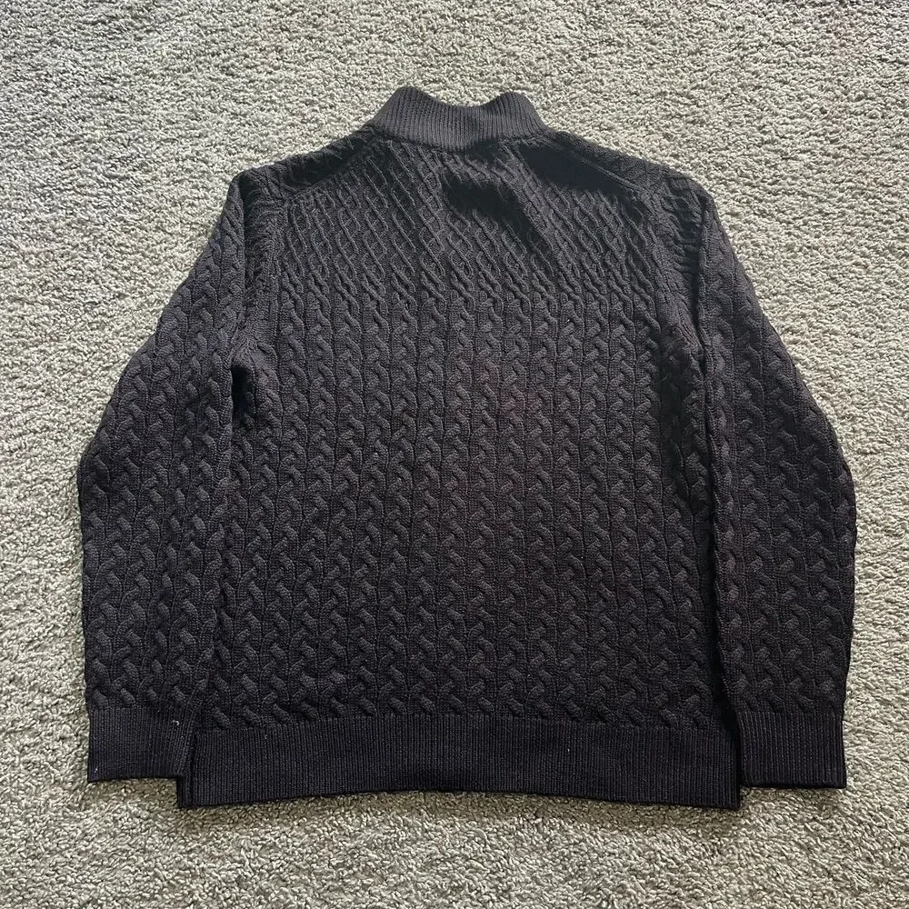 VTG Neiman Marcus Full Zip Sweater Wool Cable Knit Fisherman Chunky Black Large